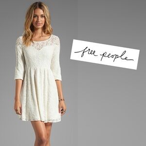 Free People - Shake It Up Floral Lace 3/4 Sleeve Mini Dress in Cream Ivory